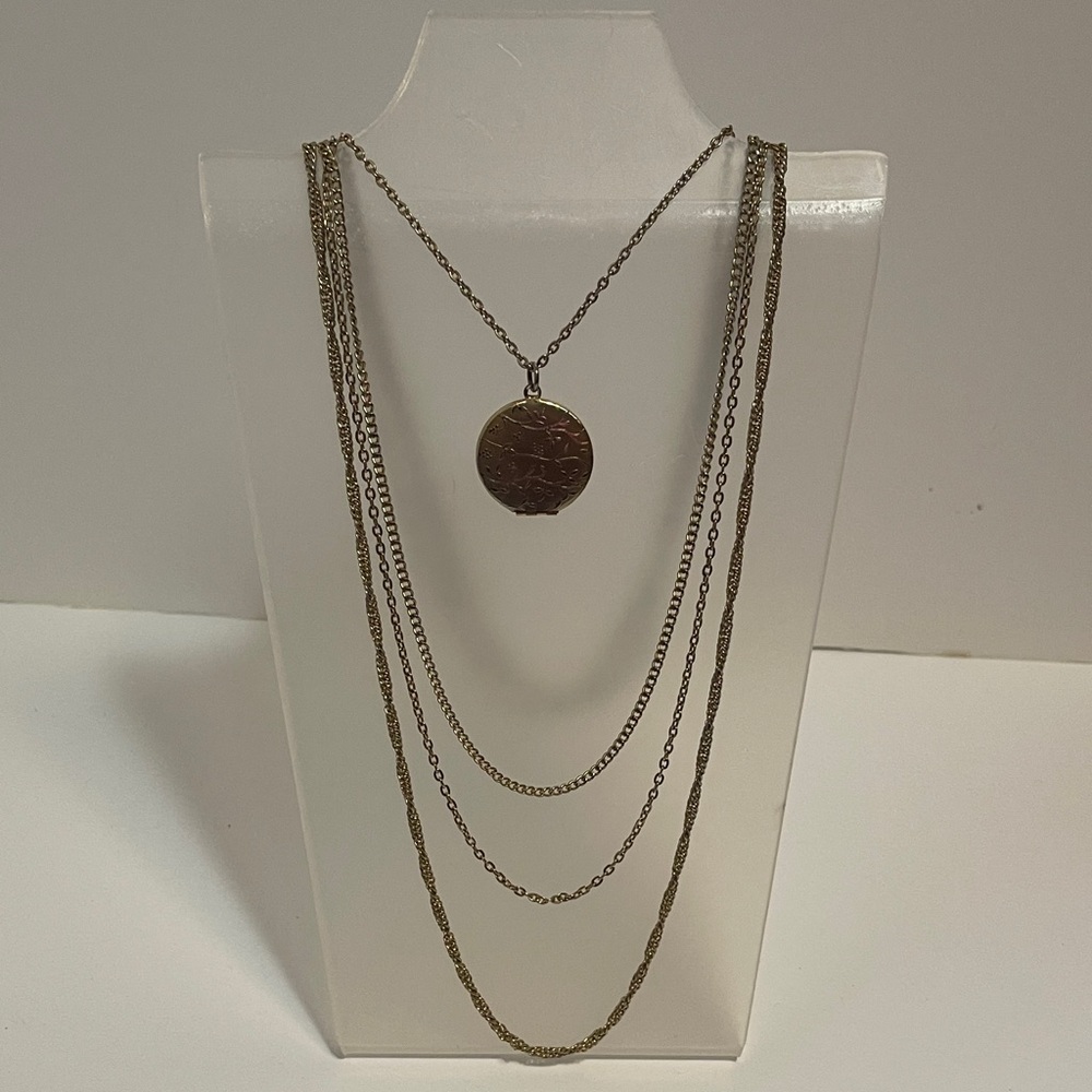 VINTAGE 4 STRAND GOLDTONE LOCKET NECKLACE